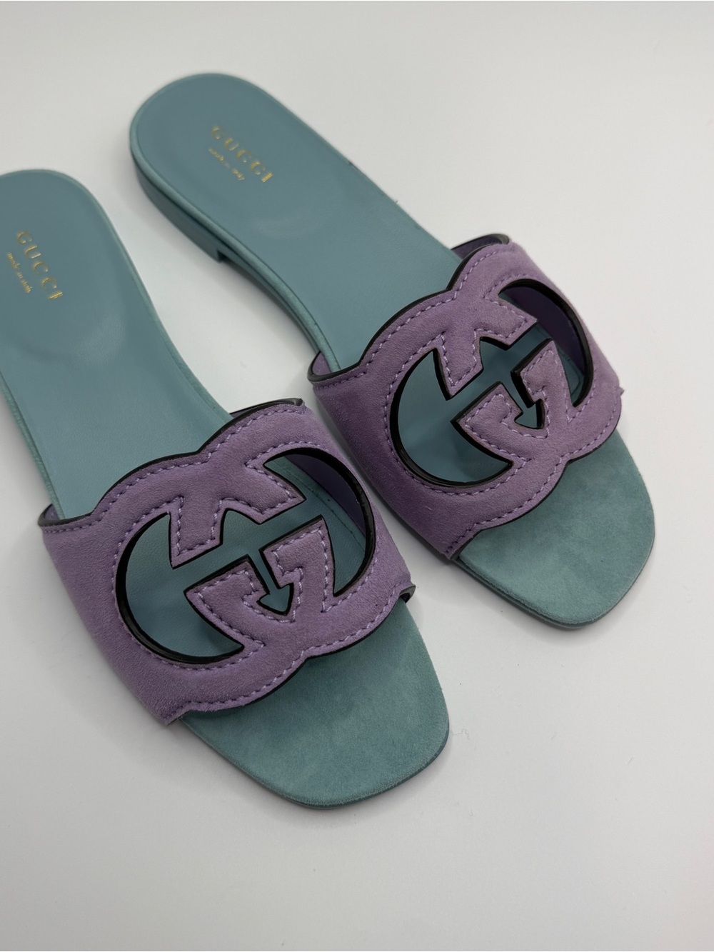 NEW Gucci Purple Leather Interlocking G Slide Sandals size 38 fit 8US Authentic